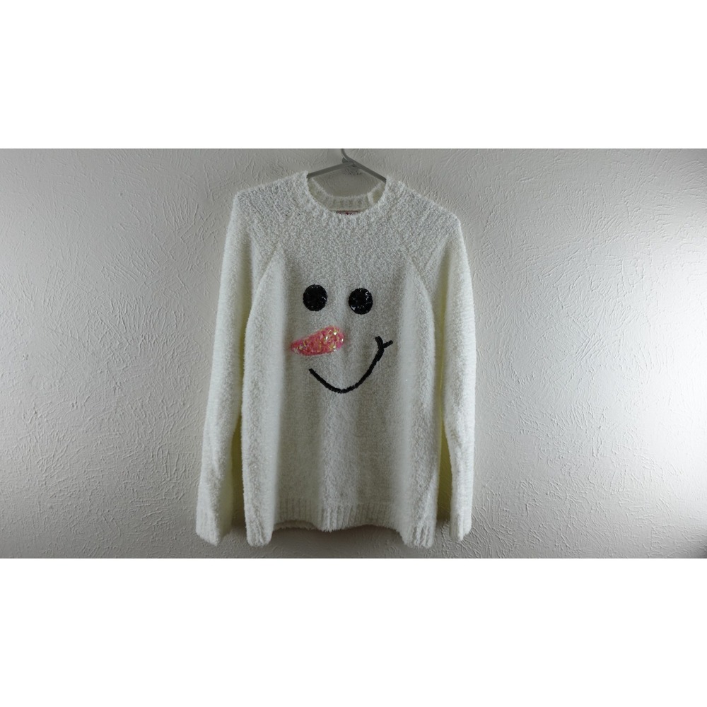 Poof New York Women's Christmas Sweater large  White Fuzzy Snowman Face Sequin